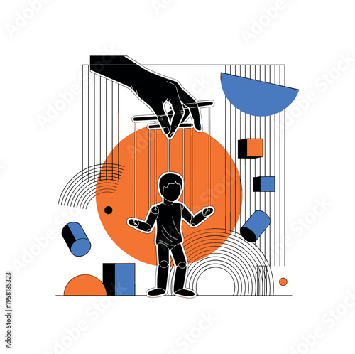 black and white hand controlling a puppet with visible strings, cut-out style with white contour outline, large orange circle behind the puppet like