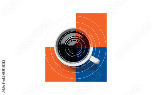 top view coffee mug with dark liquid surface, monochrome realistic mug with white cut-out outline, concentric geometric circles radiating from the coffee