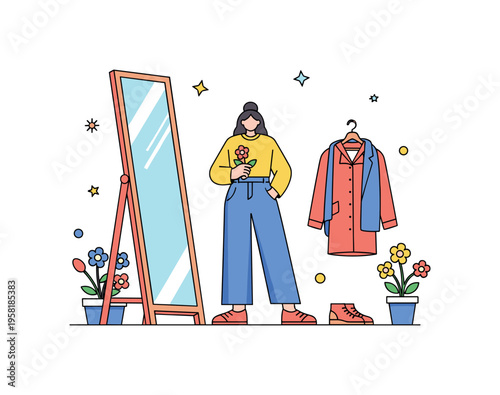 Seasonal style exploration person standing confidently in front of a mirror wearing a new spring outfit while small flower accents emphasize renewal and