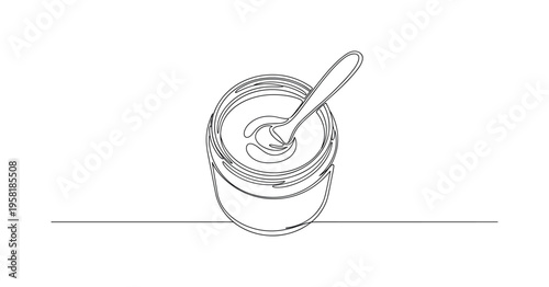 Spreading Jar. Minimalistic one-line drawing open jar with spoon or knife inside representing spreadable contents, continuous single black line on white
