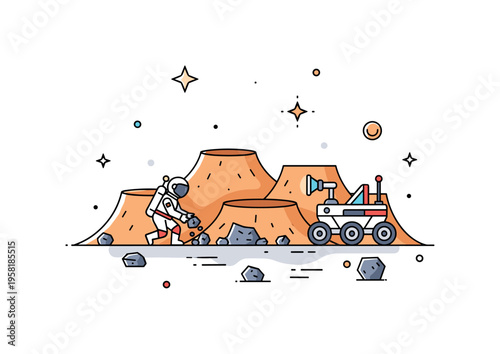 Martian crater with astronaut collecting rock samples with nearby rover representing scientific research, extraterrestrial exploration, and