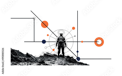 black and white rescue worker standing near mud-covered debris after a landslide, white cut-out outline around figure, circular halos and structural line