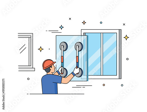 Installing glass window panel technician holding a large glass pane with suction handles while a simple window frame and tiny star icons highlight careful