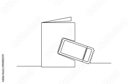 Concert Playbill and Ticket. Minimalistic one-line drawing performance program booklet with admission ticket placed together for a live show, continuous single