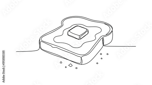 Buttered Toast Slice. Minimalistic one-line drawing slice of toast with melting butter and crumbs around, continuous single black line on white background,