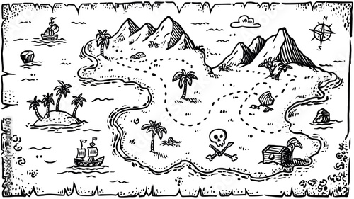 Hand drawn treasure map illustrating pirate island adventure. Hand drawn treasure map showing an island with mountains, palm trees, ships, and marked treasure