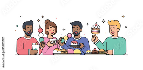 Friends trying dessert street food cheerful friends sharing colorful mochi and sweet pastries while star icons and tiny sugar sparkles express delight and