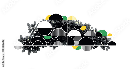 overlapping tree leaves forming canopy pattern abstract semicircles lines and geometric blocks symbolizing dense foliage black and white retro leaf objects