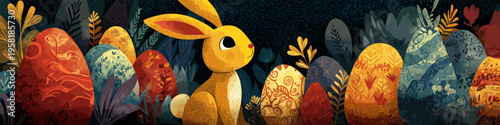 Easter bunny with folk art patterned eggs in nature. Easter poster. Happy rabbit and decorated Easter eggs among stylized plants, celebrating spring