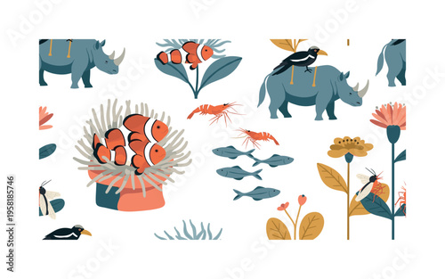 animal partnerships seamless pattern, clownfish with anemones, oxpeckers on rhinos, cleaner shrimp with fish, and pollinators on plants arranged in a repeating