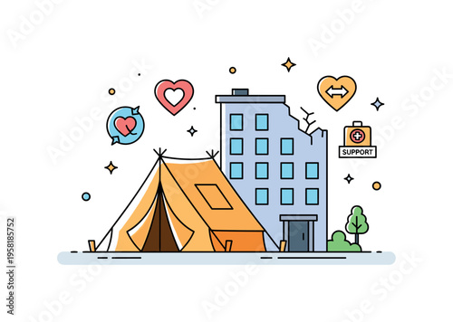 Emergency relief after earthquake temporary tent shelter placed beside a damaged building while small heart and support icons represent humanitarian aid and
