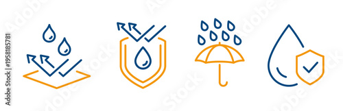 Water protection icon set, outline icons of drop with shield, waterproof surface, umbrella and water drops, linear editable symbols