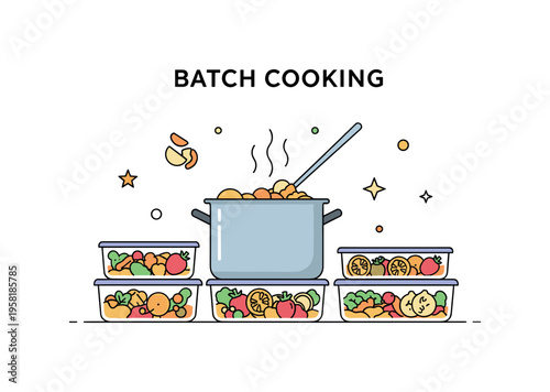 Batch cooking meal prep scene centered on a cooking pot and several containers ready to be filled with prepared food. The illustration reflects efficient