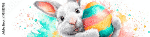 White rabbit holding colorful Easter egg, watercolor splash background. White rabbit holding a brightly striped Easter egg against a vibrant watercolor splash background