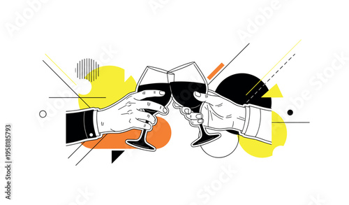 human hands clinking drink glasses abstract circles lines and geometric shapes representing friendship moment black and white retro hands and glasses with