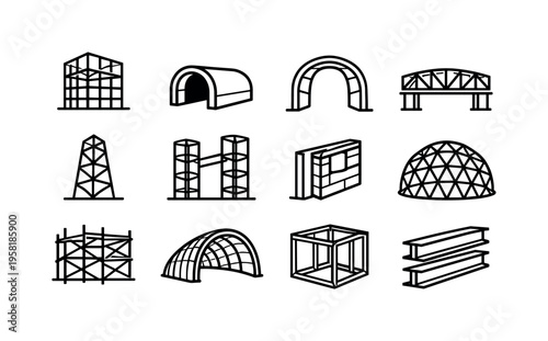 Hollow Structures. Line icon set of Hollow Structures: hollow building frame, hollow tunnel, hollow arch, hollow bridge frame, hollow tower, hollow column