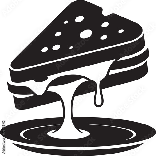 Black and white illustration of a slice of swiss cheese with dripping cheese on a plate below it