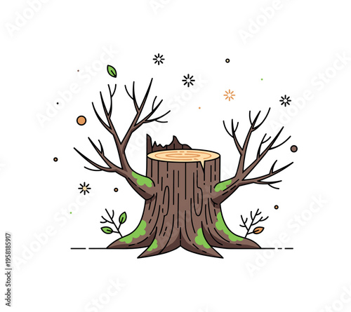 Barren tree tree stump with bare branches and moss representing abandonment, decay, and natural minimalism. Decorative stars and tiny branch and leafless icons