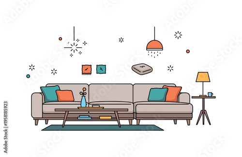 Modern sofa sectional sofa with neutral tones and a low coffee table in front representing spacious, stylish, and comfortable living area. Decorative spark