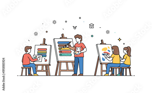 Creative painting lesson with a teacher demonstrating layered brush strokes while students observe and prepare their own canvases. The scene highlights