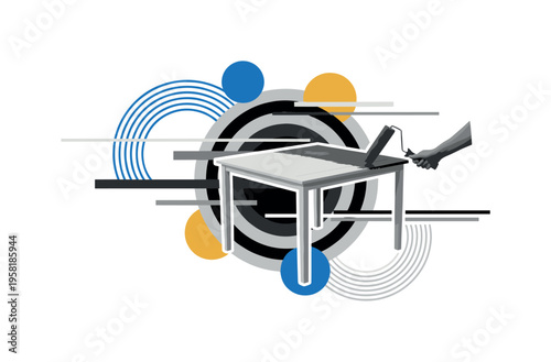 monochrome outdoor patio table being repainted with a roller, white contour cut-out outline, layered geometric circles and horizontal lines representing