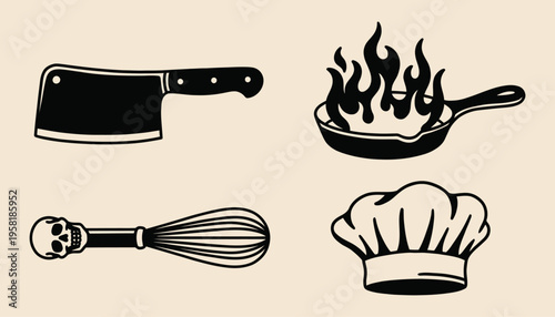 Minimalist black and white culinary icons set including chef hat and flaming pan