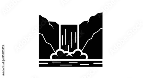 Waterfall pouring down rocky cliffside.