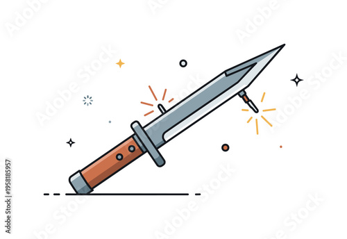 Military bayonet knife long triangular blade attached to a stylized rifle muzzle while small spark icons emphasize sharpness and precision. The scene reflects