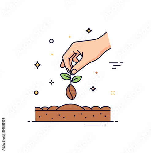 Beginning of creation visualized by a small seed placed into the soil by a gentle hand while a tiny sprout appears above the ground. The warm scene expresses