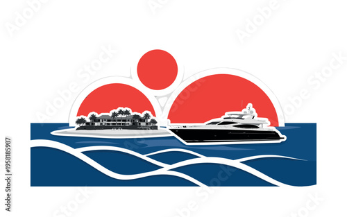 black and white luxury yacht floating near private island resort, cut-out collage edges with white outline, bold geometric circles representing sun and