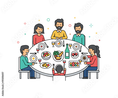 Family reunion dinner table scene with a round table, shared dishes, and family members sitting together in conversation and laughter. The composition reflects