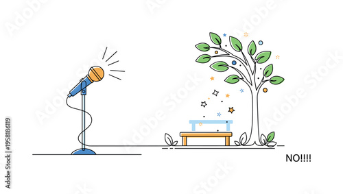 Comedy Show Spotlight. Minimalistic one-line drawing microphone stand under a spotlight on stage ready for a comedy performance, continuous single black line