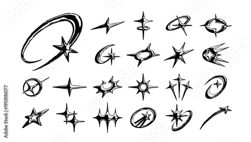 Distressed Y2K stars and sparkles collection with grunge grainy texture