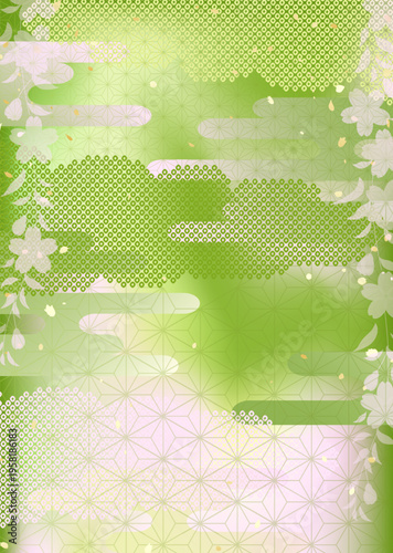 抹茶と桜のようなグラデーションと伝統的な模様を合わせた和風背景イラスト