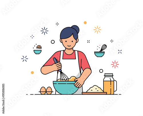 Culinary skills baker rolling dough and cutting shapes for pastries representing hands-on expertise, technique, and creative baking. Decorative spark icons and