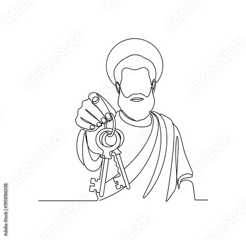 Saint Peter With Staff. Minimalistic one-line drawing Saint Peter holding a pastoral staff symbolizing leadership, continuous single black line on white