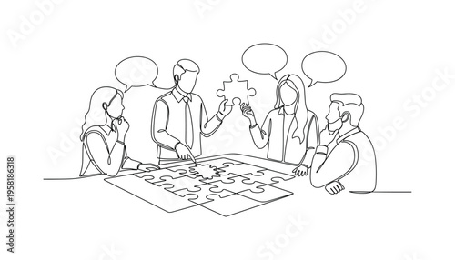 Brainstorm Puzzle Session. Minimalistic one-line drawing people discussing and moving puzzle pieces as a group activity, continuous single black line on white