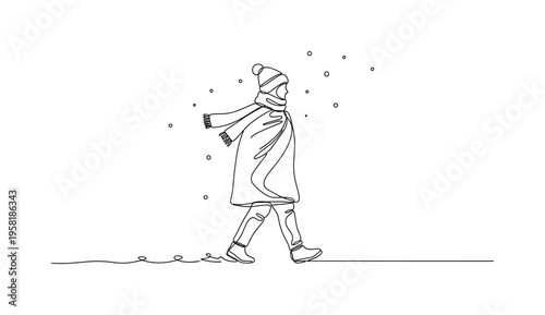 Snowy Chill. Minimalistic one-line drawing person walking in snow with frost in the air and bundled clothing, continuous single black line on white background,