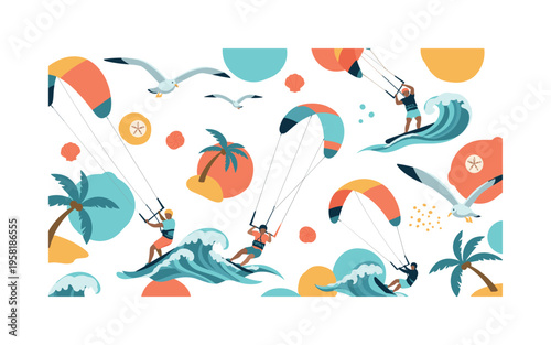 Kitesurfing tropical coast seamless pattern, kitesurfers flying kites waves seagulls and beach elements arranged in a repeating pattern, white background with