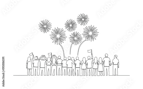 Night Sky Celebration. Minimalistic one-line drawing silhouetted people gazing at fireworks bursting above with flags in hand, continuous single black line on