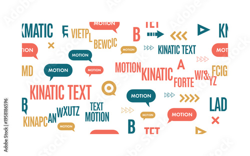 kinetic text visuals seamless pattern, moving typography, letters, words, speech bubbles, motion arrows and captions arranged in a repeating pattern, white