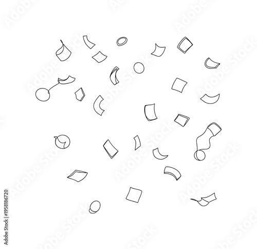 Party Confetti. Minimalistic one-line drawing small paper pieces raining down in a festive manner, continuous single black line on white background, simple