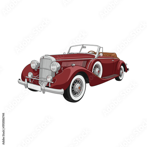 A red vintage convertible car with a white grille and white wall tires