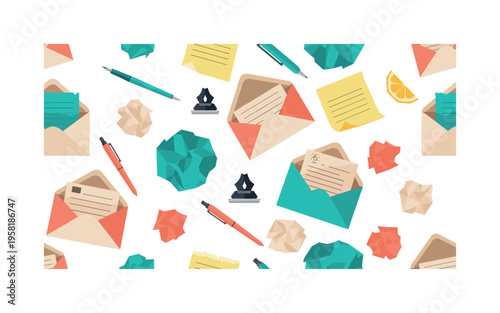 letters and secrets collection seamless pattern, repeating pattern, surface design, textile print, modern illustration of open envelopes, crumpled notes, ink