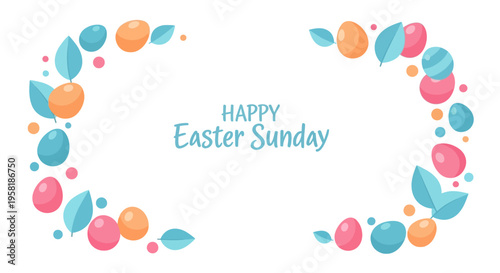 Colorful Easter Sunday frame template with pastel eggs, bunnies, and leaves on a white background for social media use