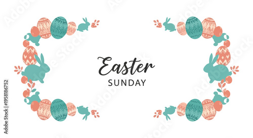 Easter Sunday social media template featuring a colorful pastel border of eggs and bunnies on a white background