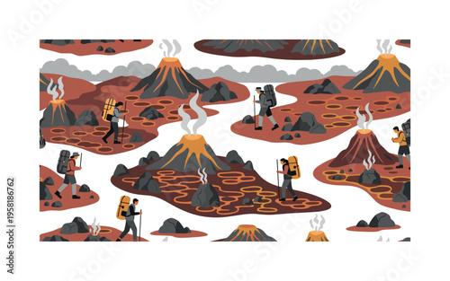 volcanic landscape exploration seamless pattern, hikers walking across lava fields, volcanic rocks, steam vents, and backpacks arranged in a repeating pattern,