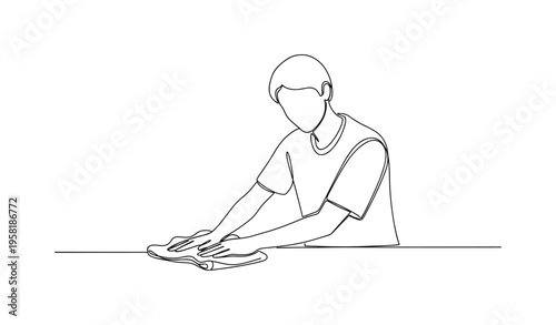 Wiping Kitchen Counter. Minimalistic one-line drawing person wiping kitchen counter with cloth after dinner cleanup, continuous single black line on white