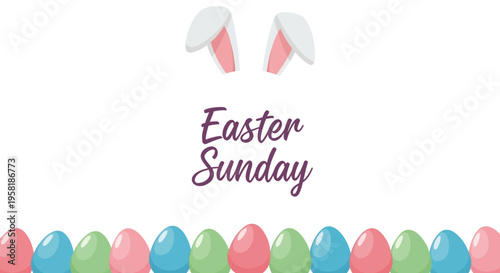 Easter Sunday social media template featuring colorful eggs and bunny ears on a pastel background with a festive border