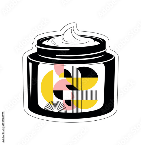 open skincare jar with cream visible abstract semicircles lines and geometric blocks symbolizing cosmetic texture black and white retro jar object with white